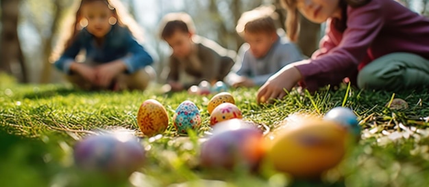 вид семьи, играющей в цветные яйца на травяном фоне
