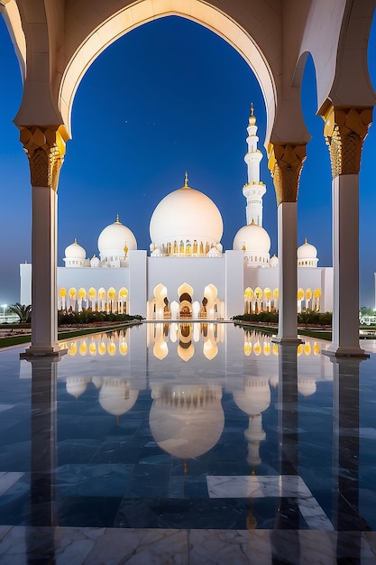 Photo view of famous abu dhabi sheikh zayed mosque by night uae