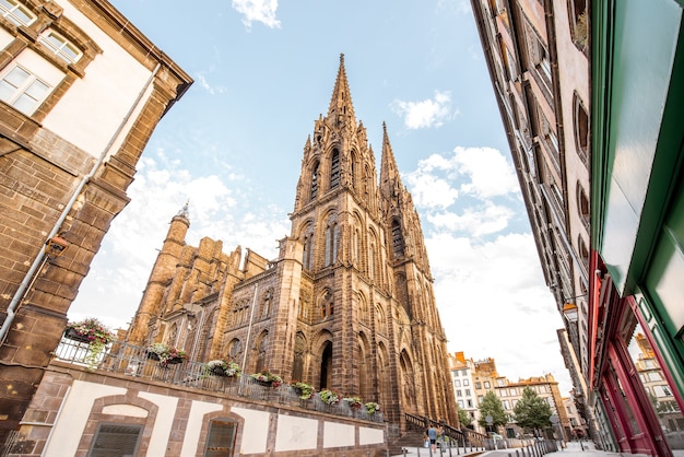 View on the famous cathedral during the sunset in Clermont-Ferrand city in France