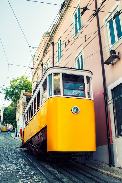 View of the famous lift of vintage electric tram of Gloria, located in Lisbon, Portugal. 