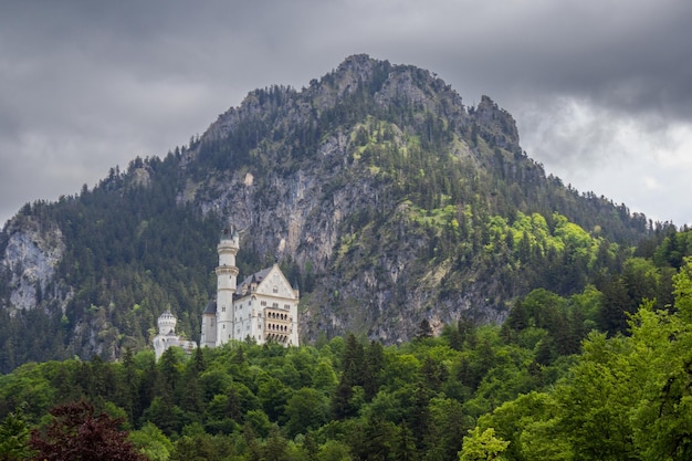 View of famous Neuschwanstein Castle Location village of Hohenschwangau near Fussen, Bavaria Germany