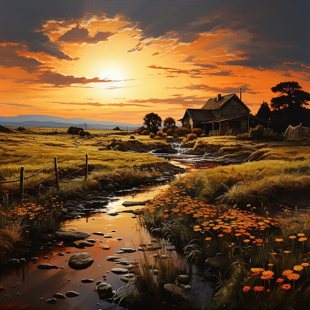 Photo view of farms at sunset landscape