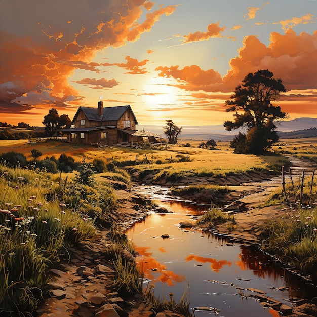 View of farms at sunset Landscape