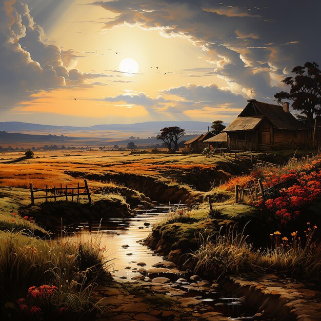 Photo view of farms at sunset landscape