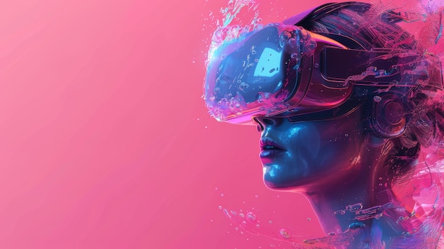 핑크색 배경에 미래의 VR 안경을 착용하여 사이버 공간을 경험하는 액체 속의 여성의 모습
