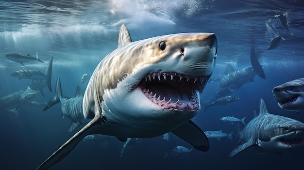 View of a ferocious shark underwater on the ocean floor