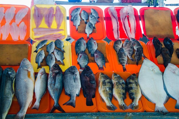 Foto vista del pesce in vendita nella bancarella del mercato