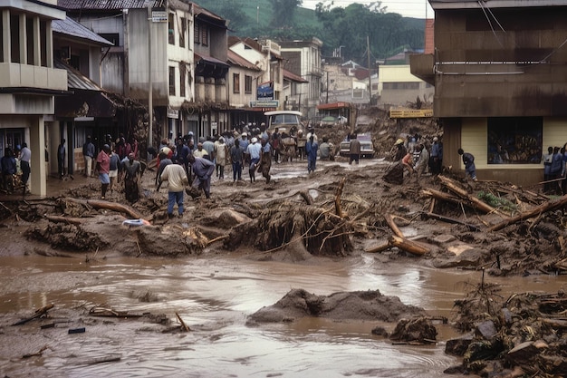 View of flash flood carrying debris through town with people fleeing to safety