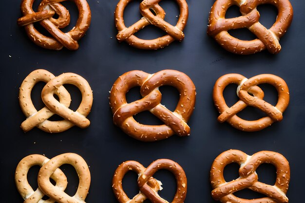 Photo view flat lay photo featuring an assortment of pretzels on table