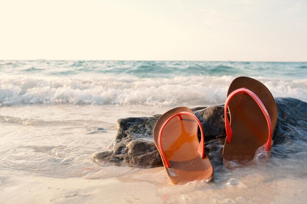 Photo view of flip-flops in tide on beach against sky