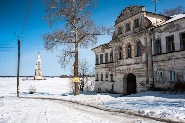 View of a flooded church in kalyazin in winter.