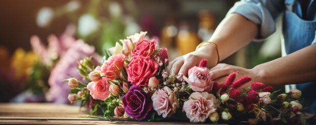 View of florist making flower bouquet on wooden surface Prepares flowers in a florists shop