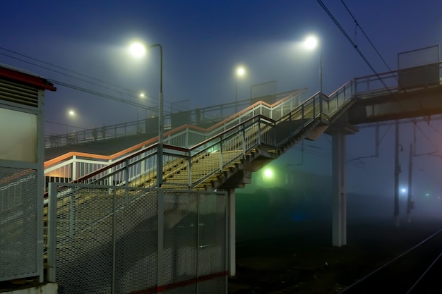 鉄道に架かる歩道橋の眺め。夜、霧、ロシア