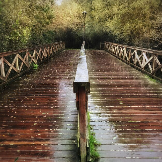Photo view of footbridge over river during rainy season
