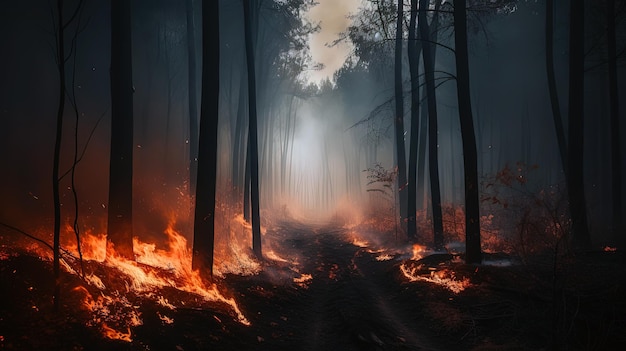 View on a forest road in fire and trees in smoke Generated ai