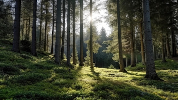 View of forest with fir trees and moss on the ground