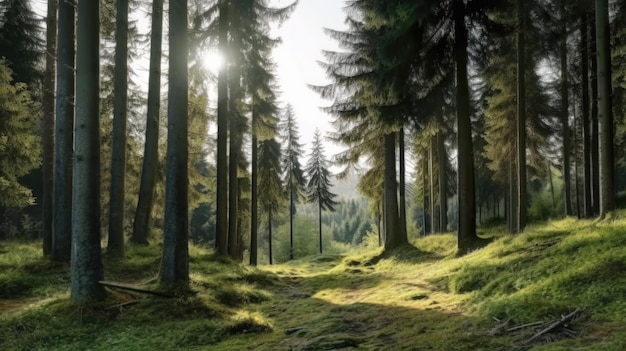 View of forest with fir trees and moss on the ground