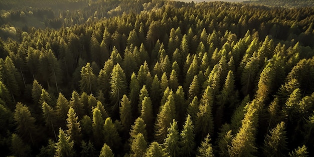 A view of a forest with a mountain in the background