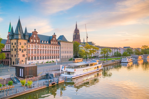 View of Frankfurt city skyline in Germany at sunset