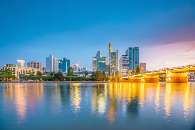 View of Frankfurt city skyline in Germany at sunset