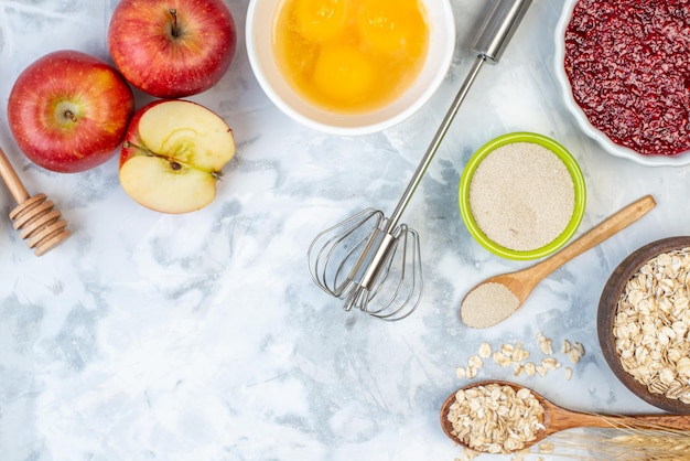 Above view of free space and fresh healthy food set on two-toned white blue mix color background