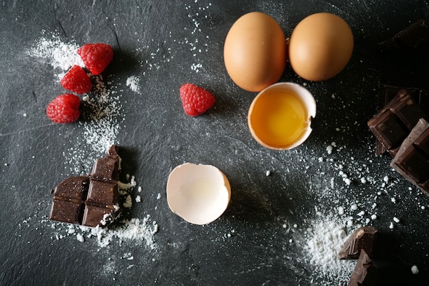 View of fresh baking ingredients on slate