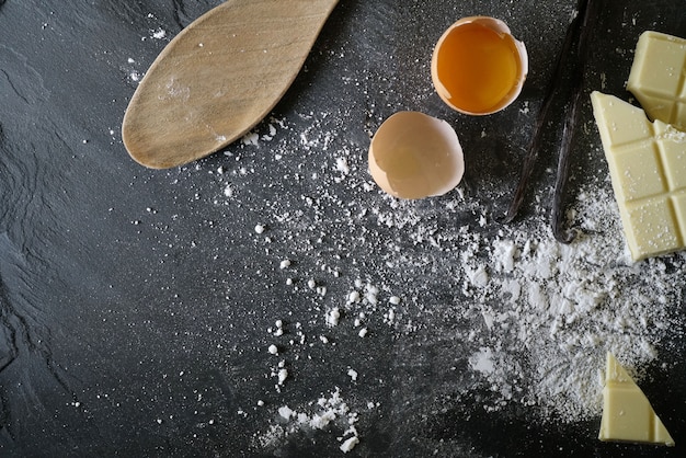 View of fresh baking ingredients on slate