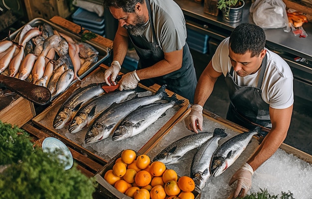 写真 上から見ると同僚が市場で働いている間オーナーが魚を包んでいるのが見えます