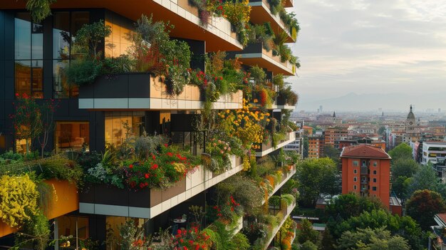 Photo view from the air of the bosco verticale in milan porta nuova district also known as vertical forest buildings residents have many trees in their balconies