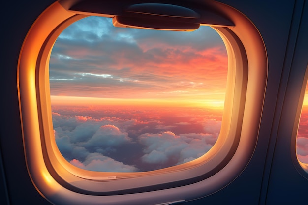 夕日と雲の上の飛行機の窓からの眺め