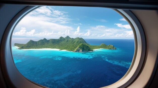 View from an airplane window to a tropical island with sandy beaches in a blue ocean against a blue daytime sky