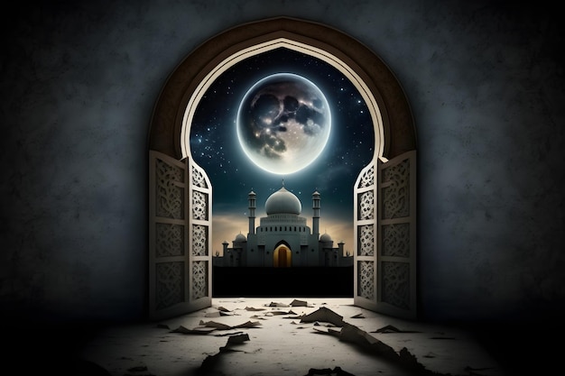 View from the arch to the mosque and the full moon Ramadan Generative AI 1