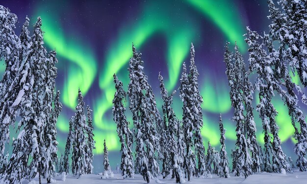 Foto vista dalla foresta innevata di avobe con l'aurora boreale ai generativa