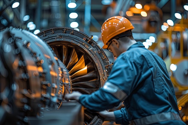 view from the back of aircraft maintenance technician working on turbine