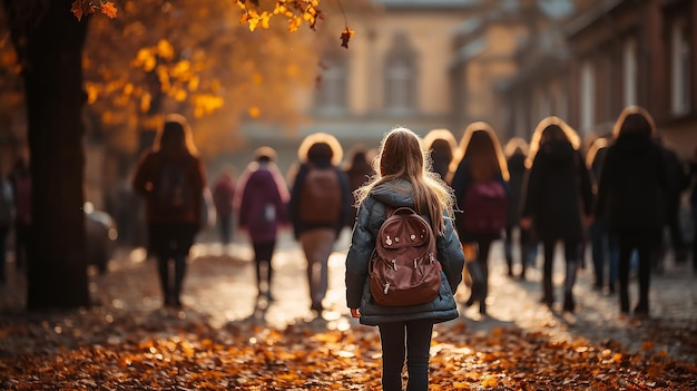後ろから見ると子供たちは秋の通りでバックパックを背負って学校へ行きます