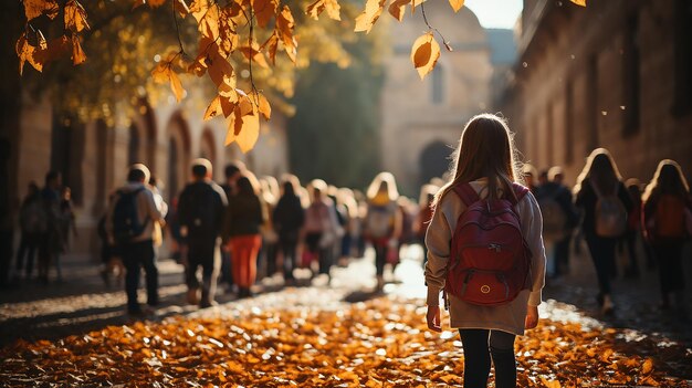 view from the back children go to school with backpacks on autumn street back to school