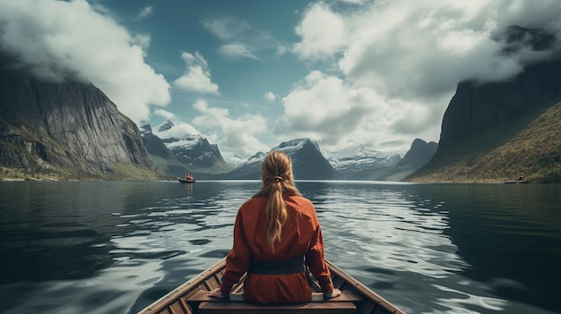 Foto vista dalla parte posteriore di una ragazza in una canoa galleggiante