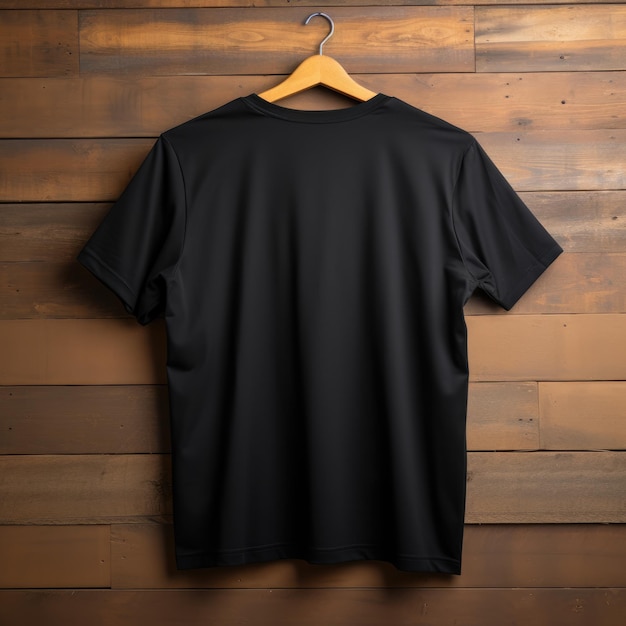 A view from back Luxurious plain black oversize tshirt mockup with a hanger hanging on a wooden background AI Generative