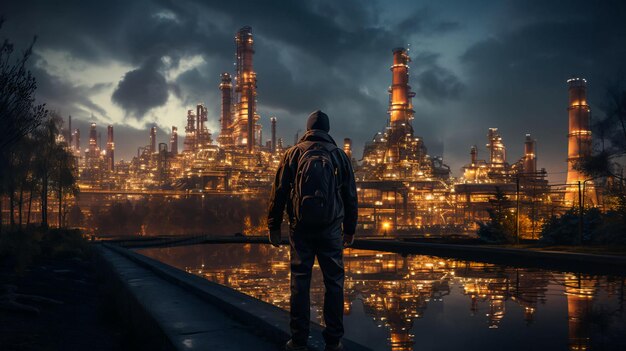 View from the back of a man against the background of an oil refinery