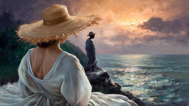 View from back woman in straw hat with figure looking on the sea