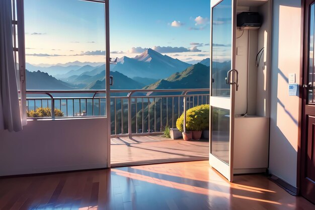 A view from a balcony with a door open to a balcony with a mountain in the background.