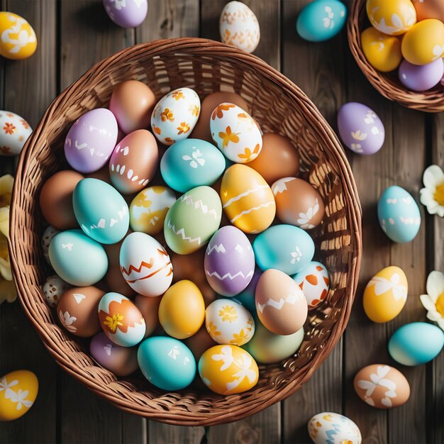 A view from above of a Basket of colorful eggs