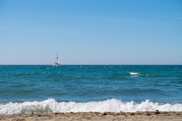 View from the beach of a sailing catamaran or multihull\
sailboat navigating the sea