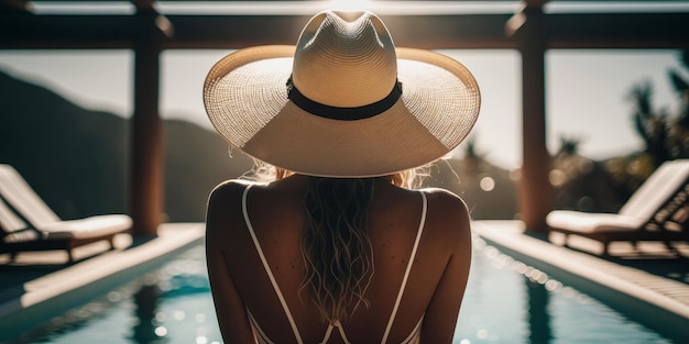 View from behind beautiful woman wearing sun hat relaxing around a swimming pool Generative ai