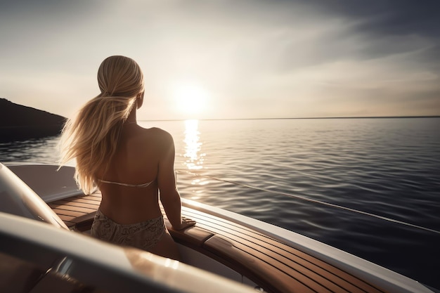 写真 豪華なボートでリラックスしている女性の後ろからの景色