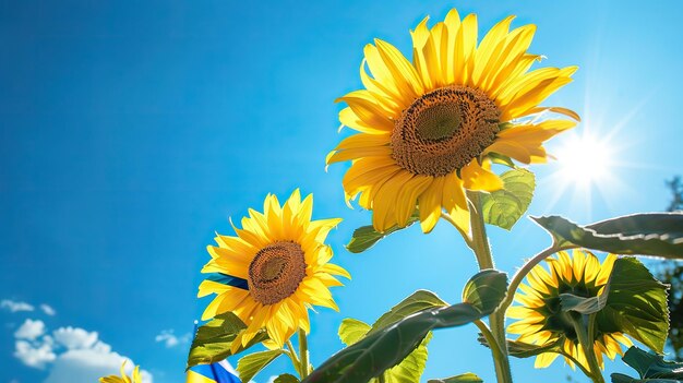 Foto vista dal basso su girasoli gialli con cielo chiaro blu sullo sfondo