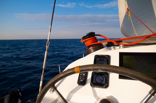 View from the bow of the catamaran yacht cruising by sea greece europe