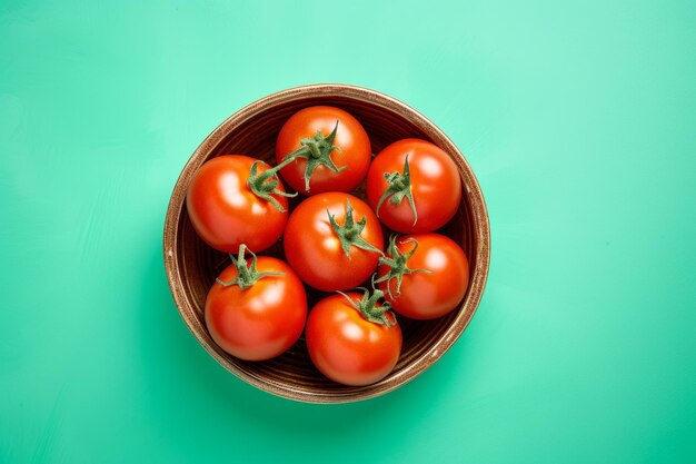 View from above of a bowl of tomatoes on a green table