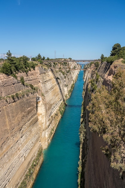 View from bridge over the Corinth Canal near Athens in Greece