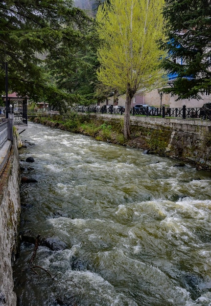 View from the bridge on the river of the resort town of Borjomi in Central Georgia 2019